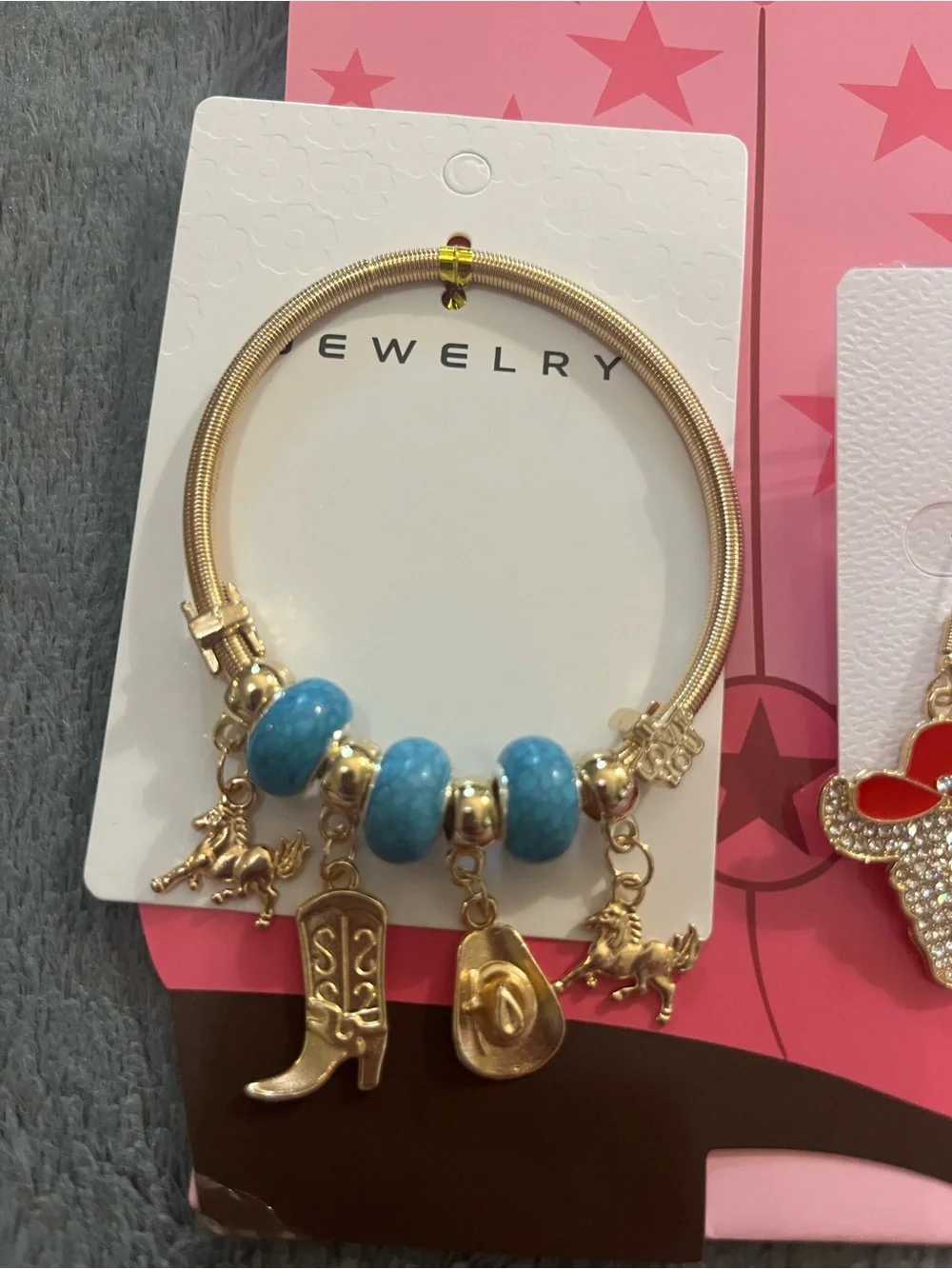 Gold-Tone Western Charm Bracelet & Red Cowgirl Hat Earrings Set - Pink